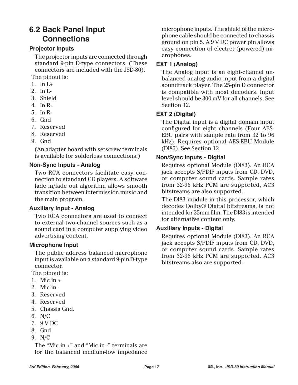 2 back panel input connections | USL JSD-80 Manual User Manual | Page 17 / 39