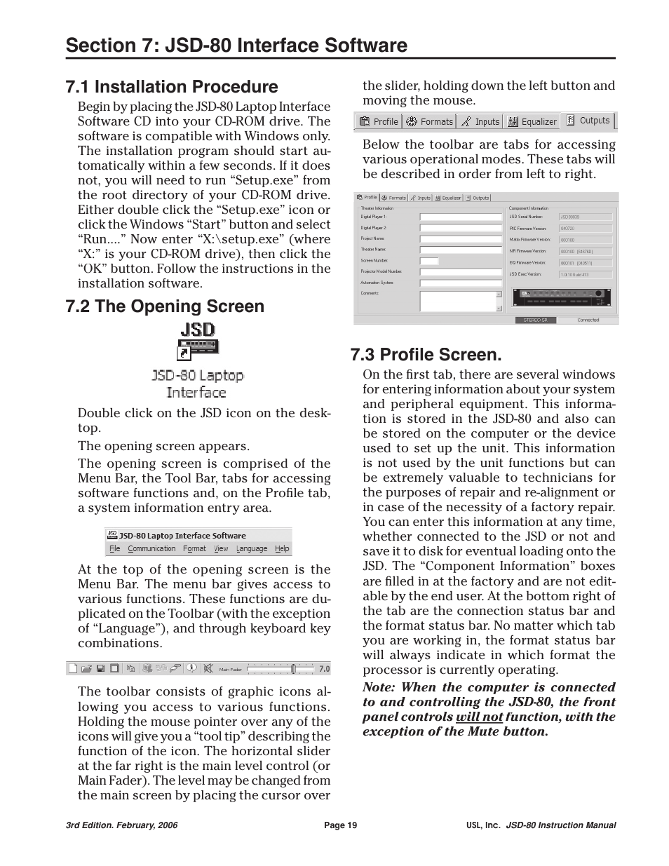 1 installation procedure, 2 the opening screen, 3 proﬁ le screen | USL JSD-80 Manual User Manual | Page 19 / 39