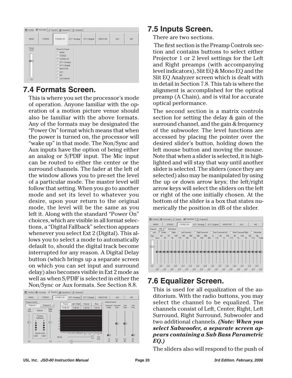 4 formats screen, 5 inputs screen, 6 equalizer screen | USL JSD-80 Manual User Manual | Page 20 / 39