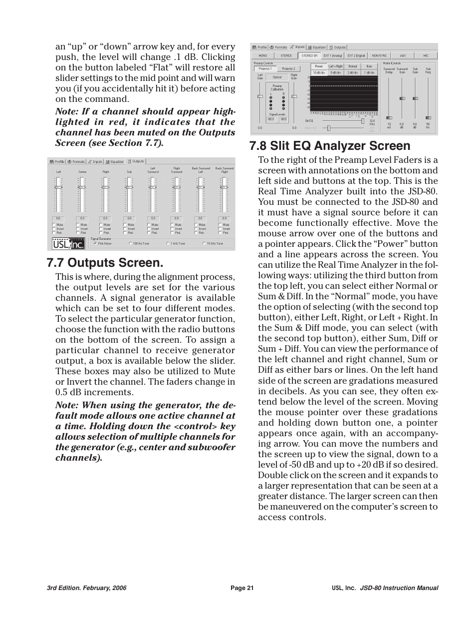8 slit eq analyzer screen, 7 outputs screen | USL JSD-80 Manual User Manual | Page 21 / 39