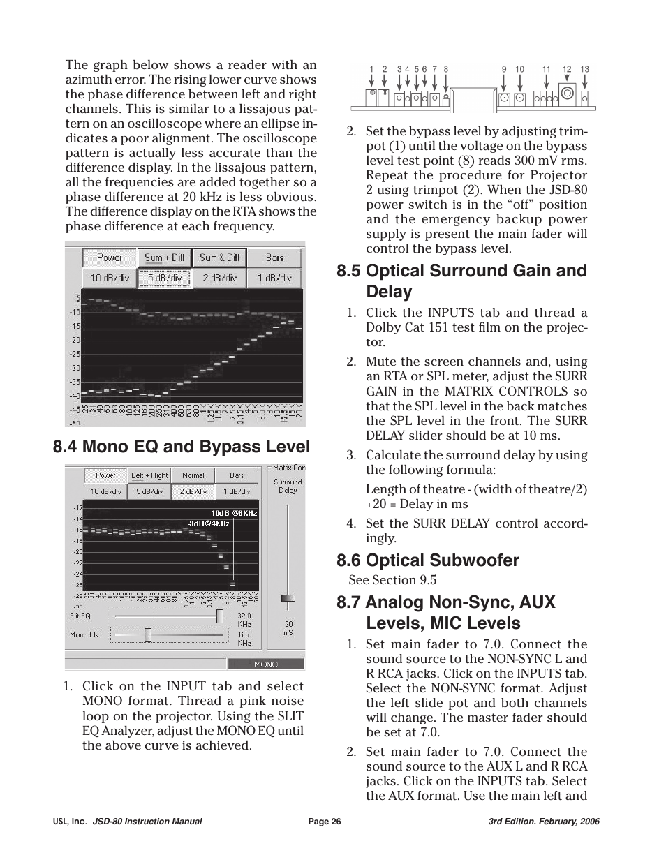 4 mono eq and bypass level, 5 optical surround gain and delay, 6 optical subwoofer | 7 analog non-sync, aux levels, mic levels | USL JSD-80 Manual User Manual | Page 26 / 39