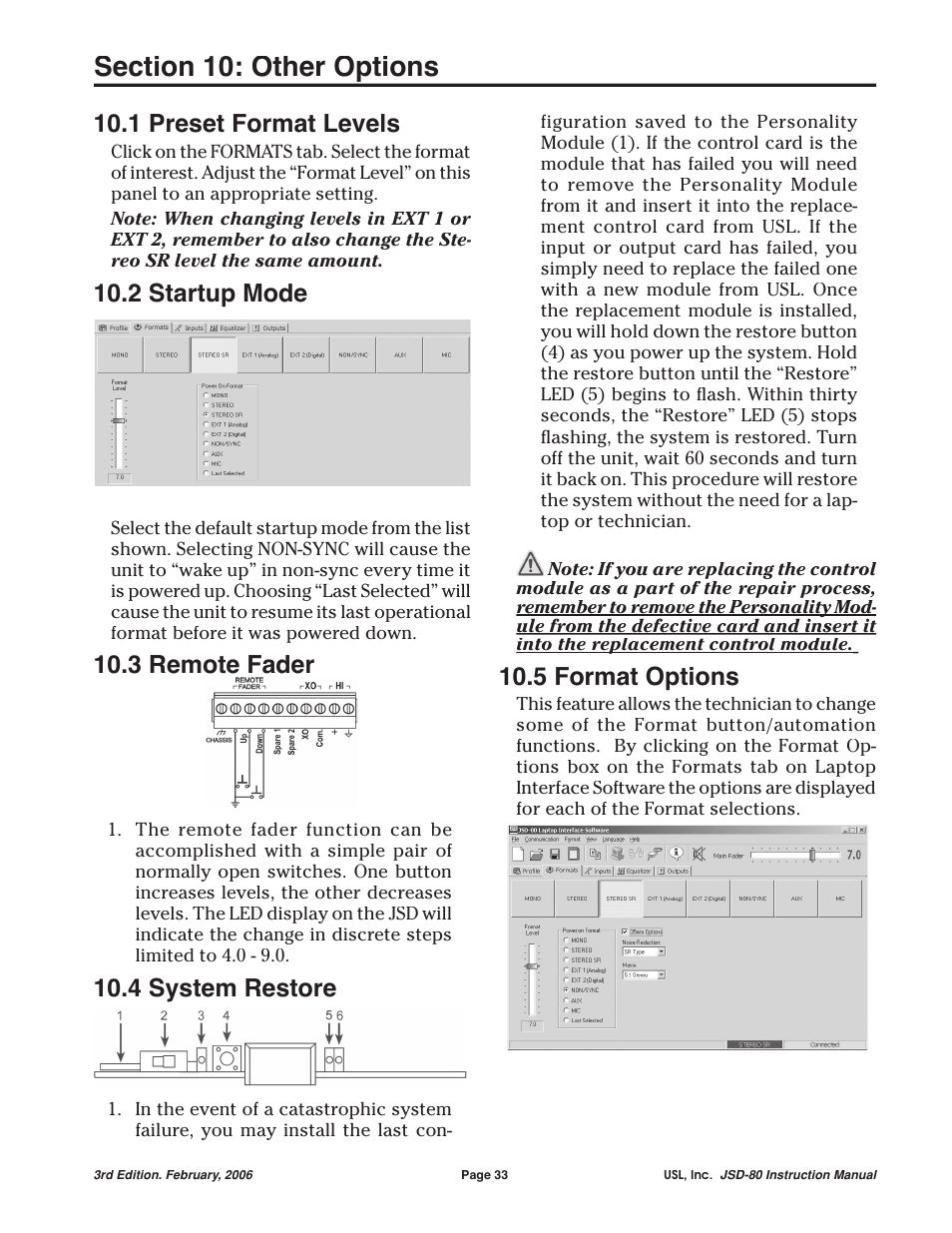 1 preset format levels, 2 startup mode, 3 remote fader | 4 system restore, 5 format options | USL JSD-80 Manual User Manual | Page 33 / 39