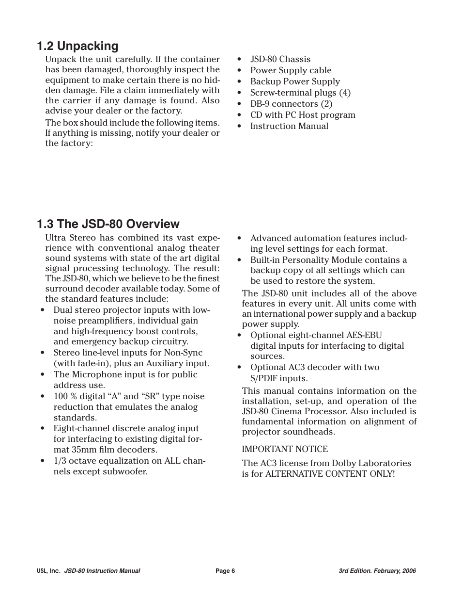 2 unpacking, 3 the jsd-80 overview | USL JSD-80 Manual User Manual | Page 6 / 39