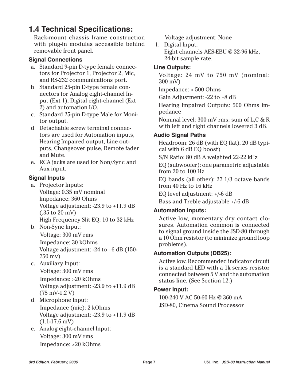 4 technical speciﬁ cations | USL JSD-80 Manual User Manual | Page 7 / 39