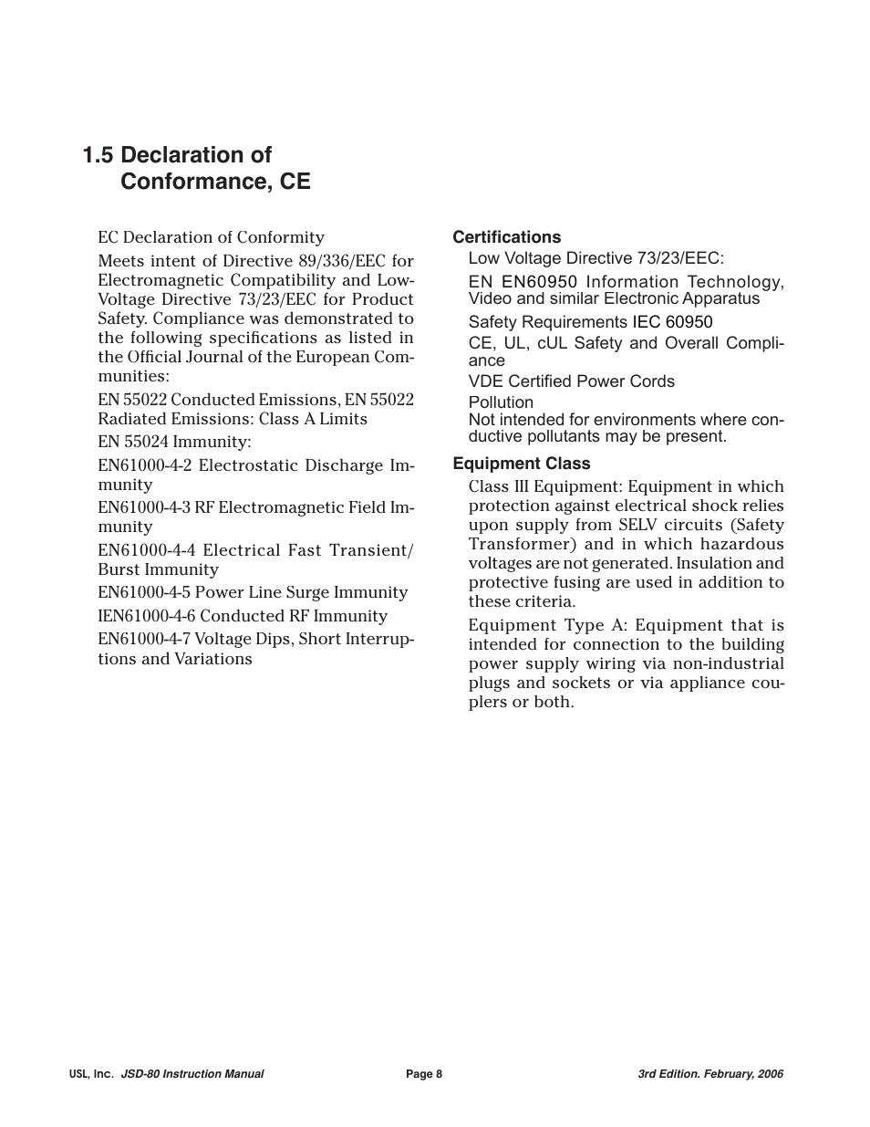 5 declaration of conformance, ce | USL JSD-80 Manual User Manual | Page 8 / 39