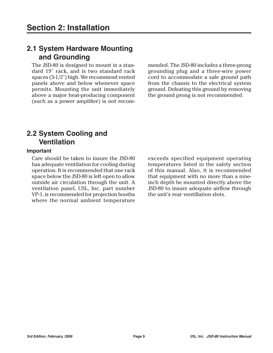 1 system hardware mounting and grounding, 2 system cooling and ventilation | USL JSD-80 Manual User Manual | Page 9 / 39