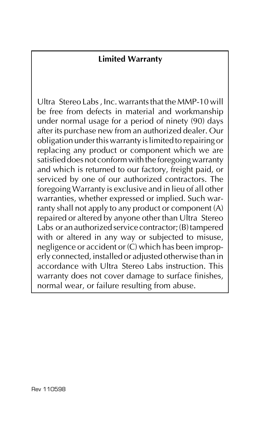Limited warranty ★★★★★ ultra | USL MMP-10 User Manual | Page 2 / 12