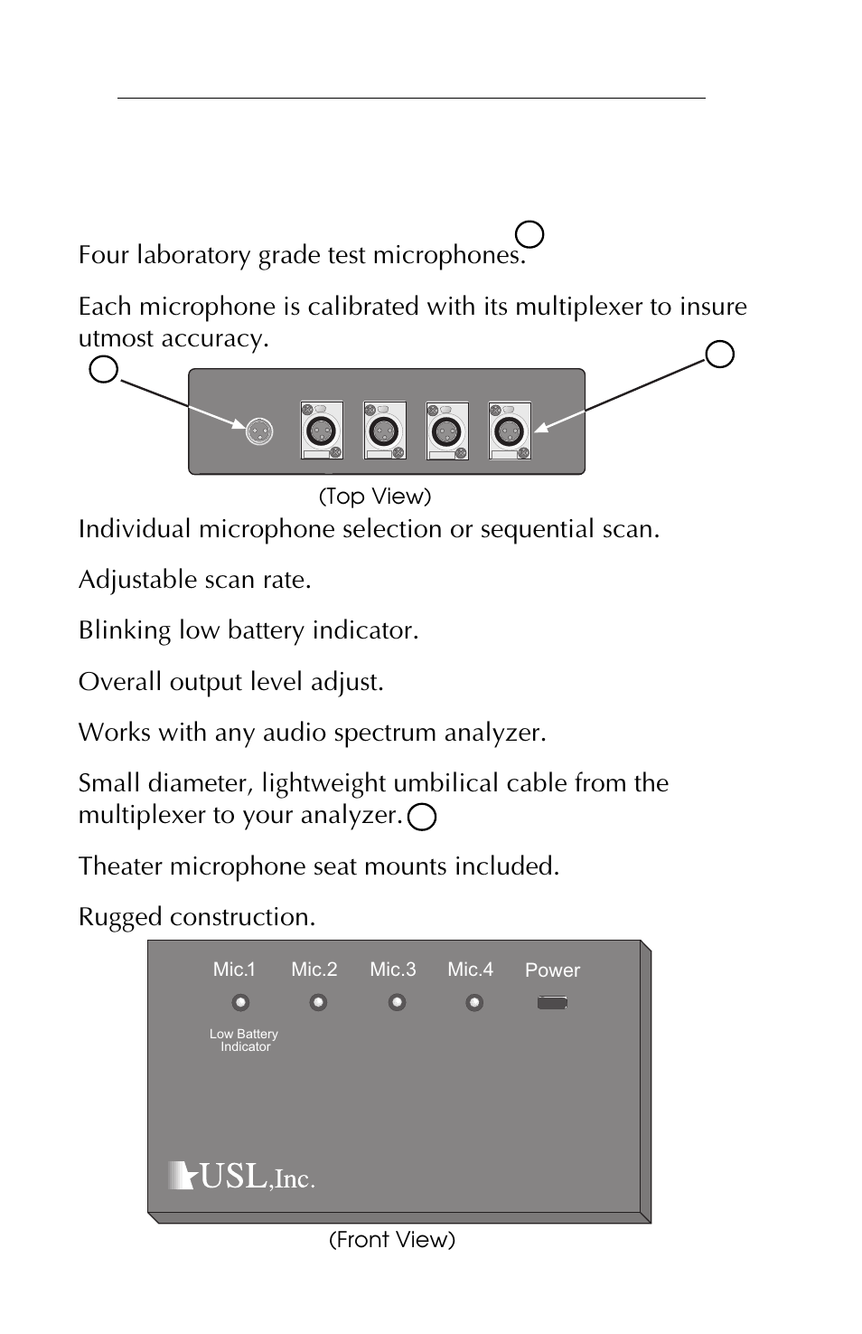 Mmp-10 features, Top view), Front view) | USL MMP-10 User Manual | Page 4 / 12