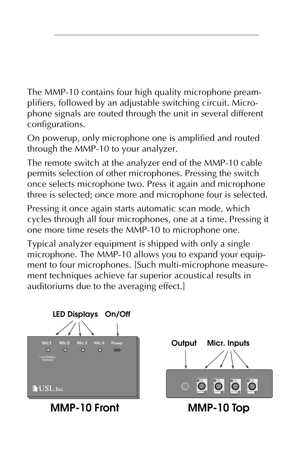 How it works, Mmp-10 front mmp-10 top, Led displays on/off output micr. inputs | Mmp-10 i | USL MMP-10 User Manual | Page 5 / 12