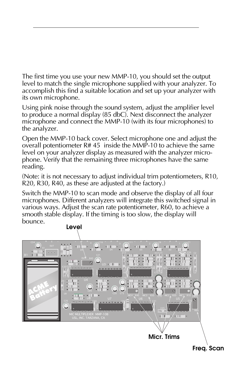 Initial calibration, Level micr. trims freq. scan, Mmp-10 i | Nstruction, Anual, Ltra, Tereo | USL MMP-10 User Manual | Page 6 / 12