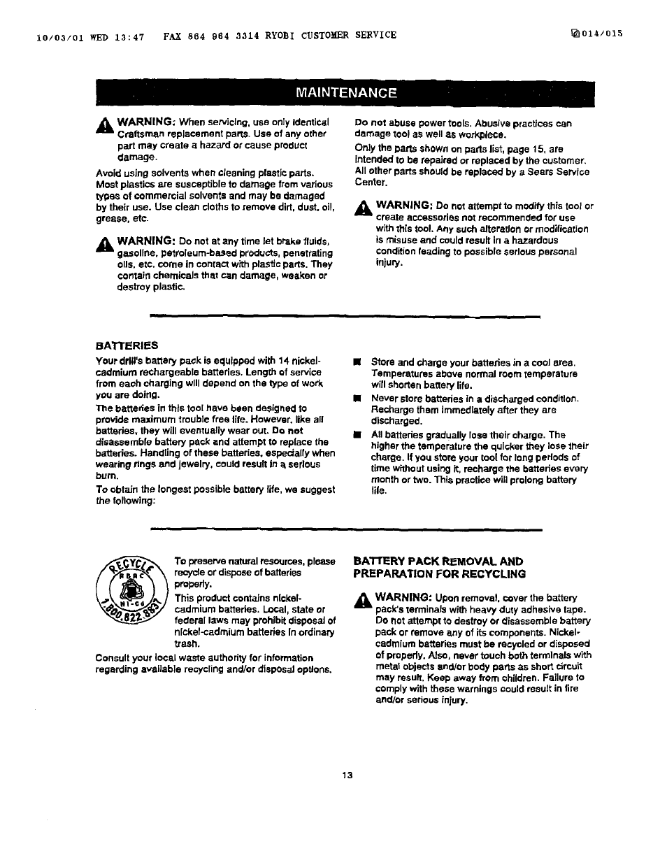 Maintenance, Batteries, Battery pack removal and preparation for recycling | Craftsman 973.111430 User Manual | Page 13 / 14