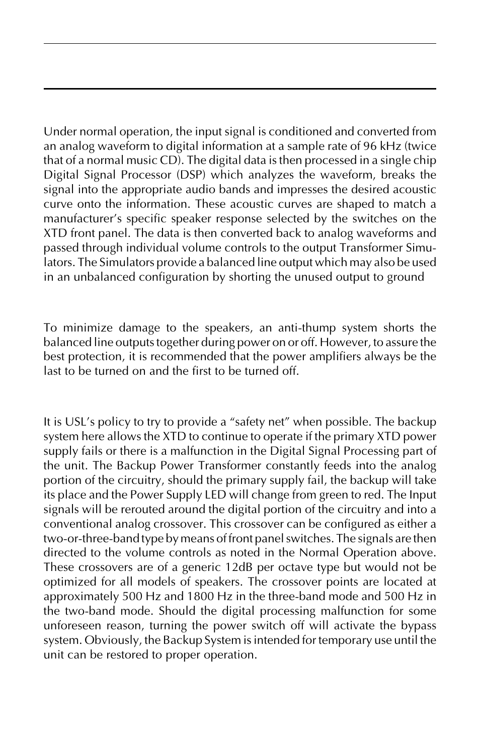 Theory of operation, Normal operation, Speaker protection (anti-thump) | Backup system | USL XTD-33 User Manual | Page 13 / 24