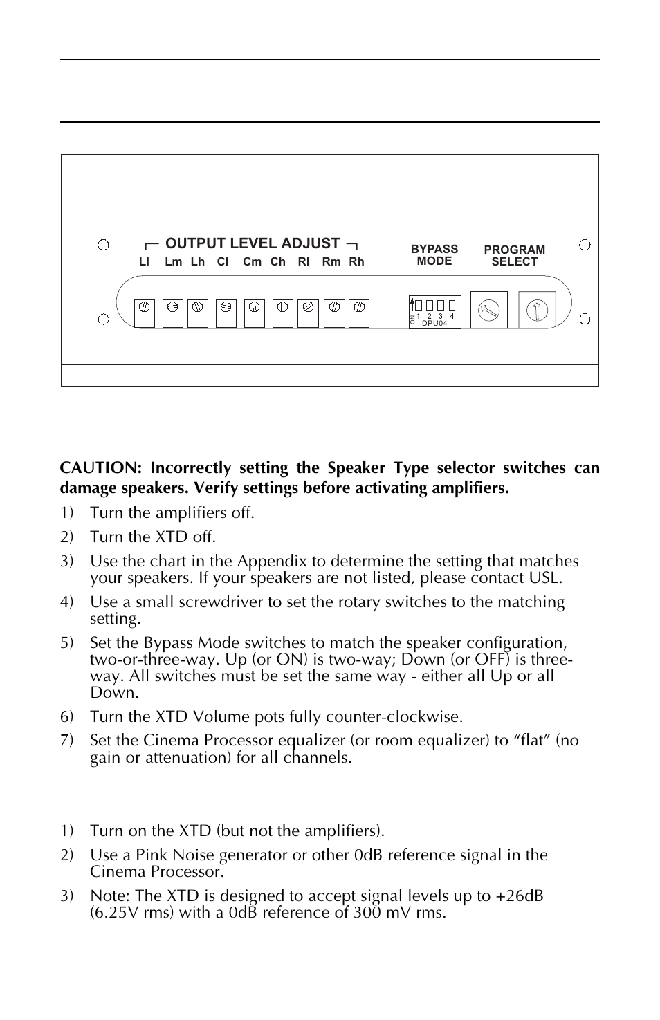 Alignment, Selecting speaker type, Setting input levels | Xtd-33 i, Output level adjust | USL XTD-33 User Manual | Page 19 / 24