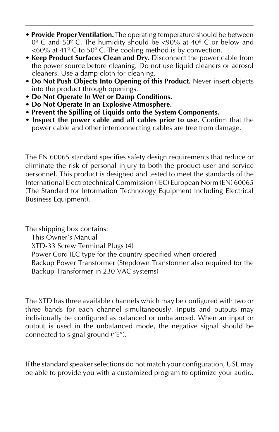 Safety standard, Unpacking, Configurations | Options | USL XTD-33 User Manual | Page 6 / 24