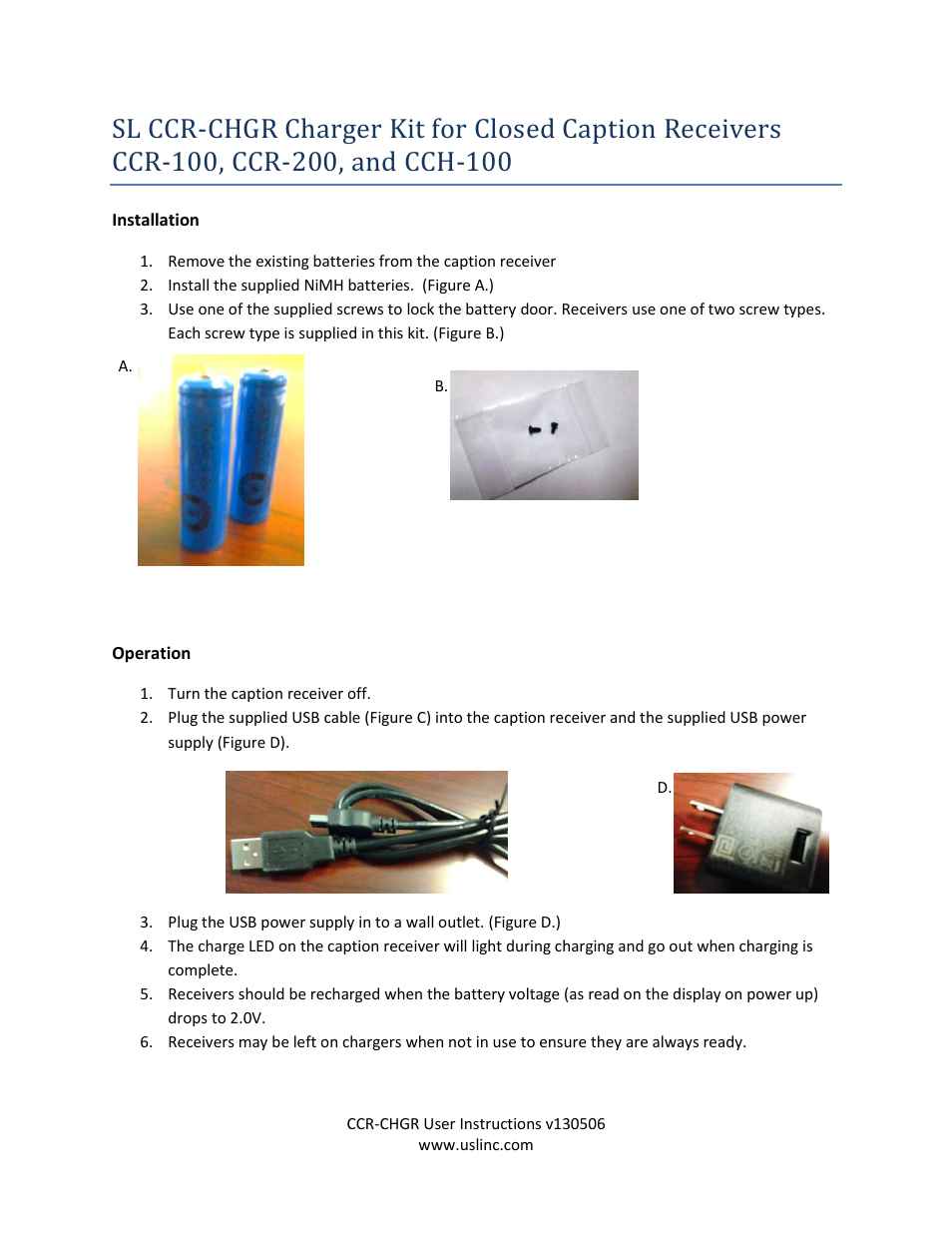 USL SL CCR-CHGR Charger Kit User Manual | 1 page