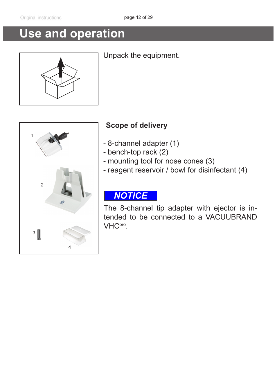 Use and operation, Notice | VACUUBRAND 8-channel tip adapter with ejector User Manual | Page 12 / 29