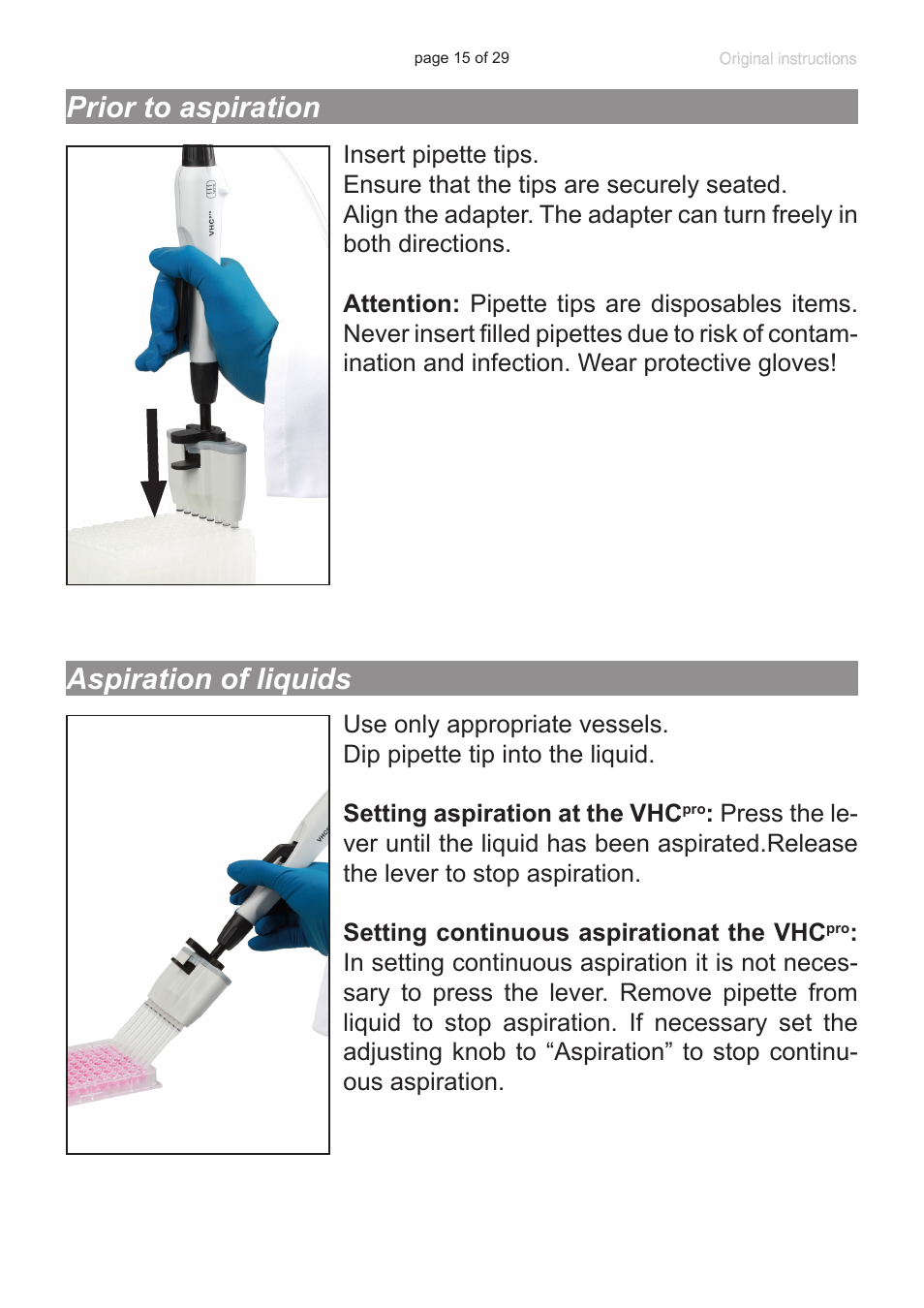 Prior to aspiration, Aspiration of liquids | VACUUBRAND 8-channel tip adapter with ejector User Manual | Page 15 / 29