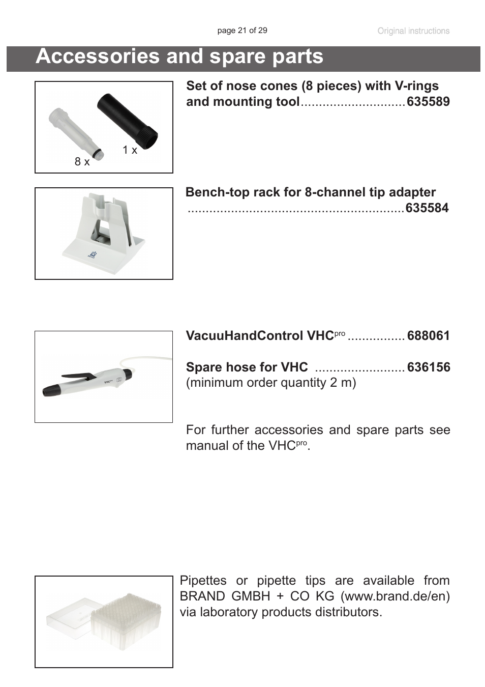 Accessories and spare parts | VACUUBRAND 8-channel tip adapter with ejector User Manual | Page 21 / 29