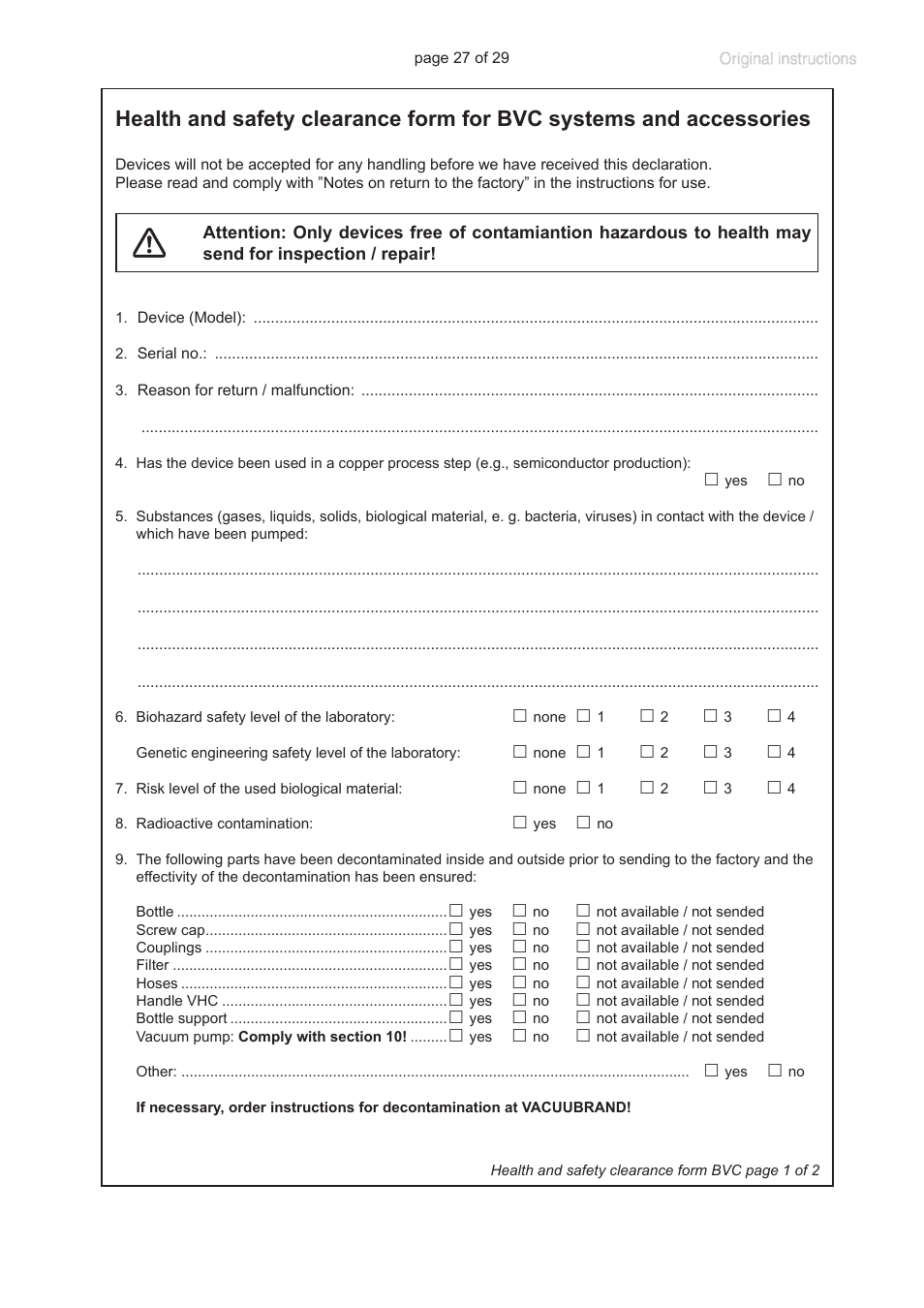 Health and safety clearance form for bvc systems, And accessories | VACUUBRAND 8-channel tip adapter with ejector User Manual | Page 27 / 29
