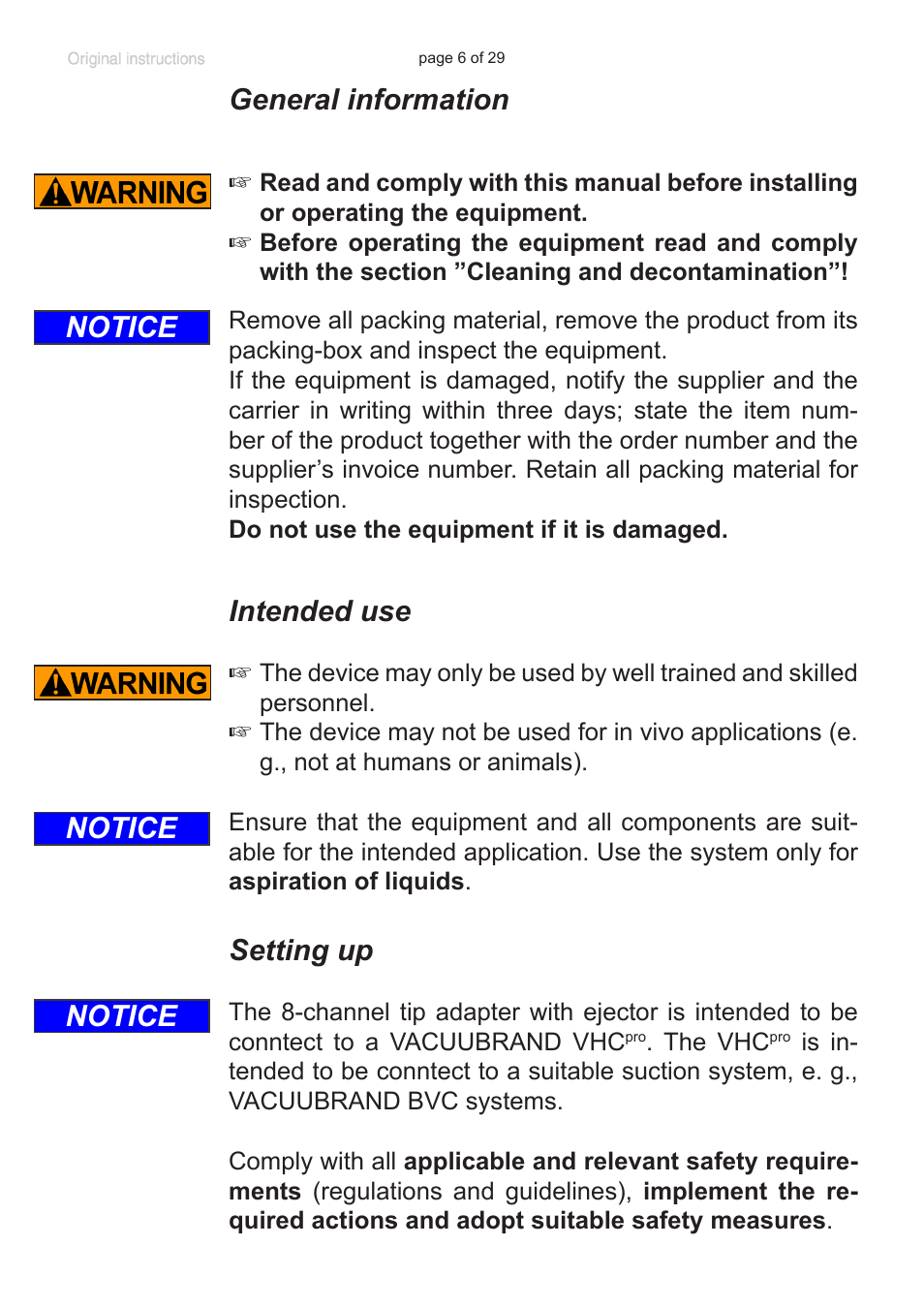 General information, Intended use, Setting up | Notice | VACUUBRAND 8-channel tip adapter with ejector User Manual | Page 6 / 29