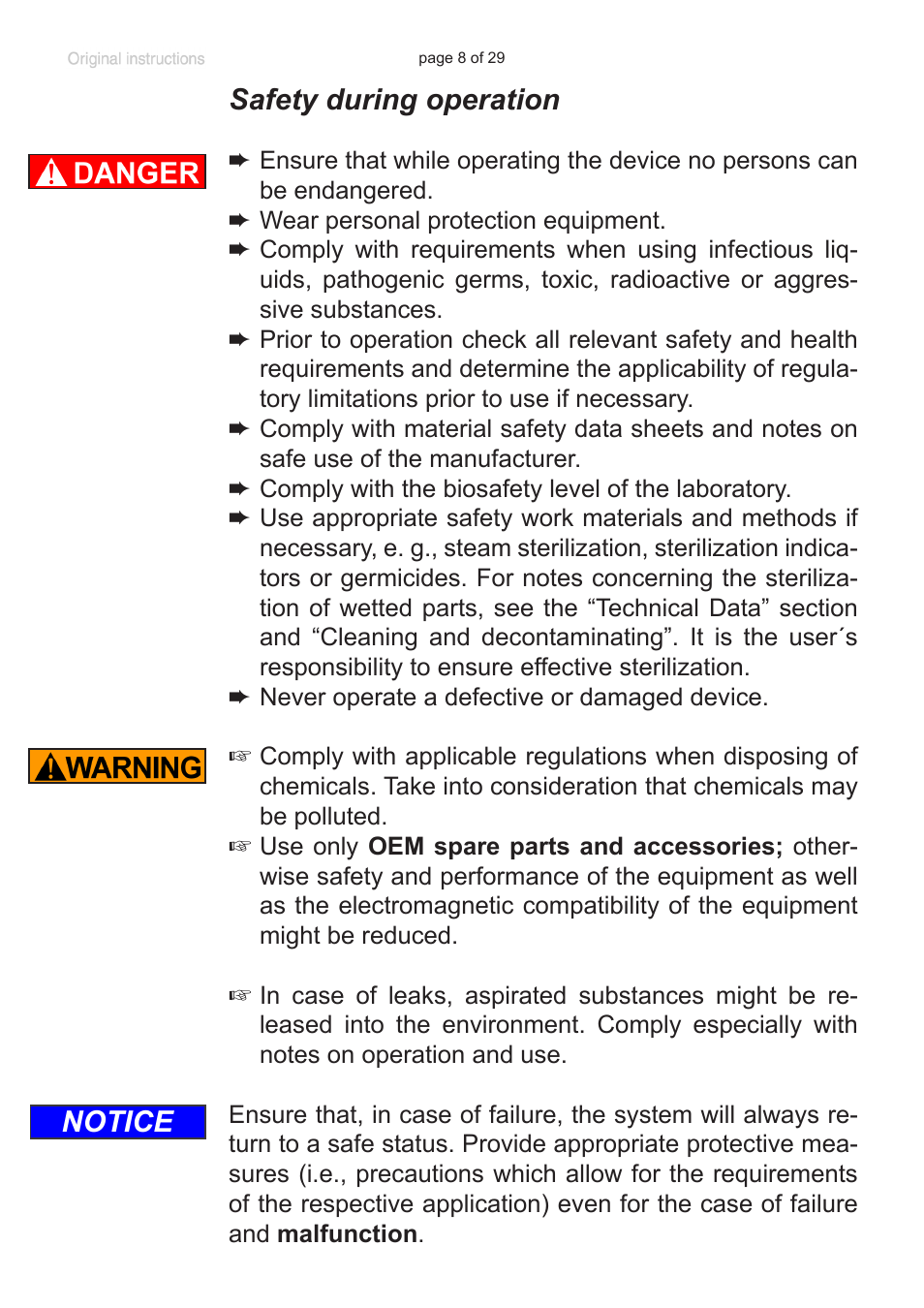 Safety during operation, Notice | VACUUBRAND 8-channel tip adapter with ejector User Manual | Page 8 / 29
