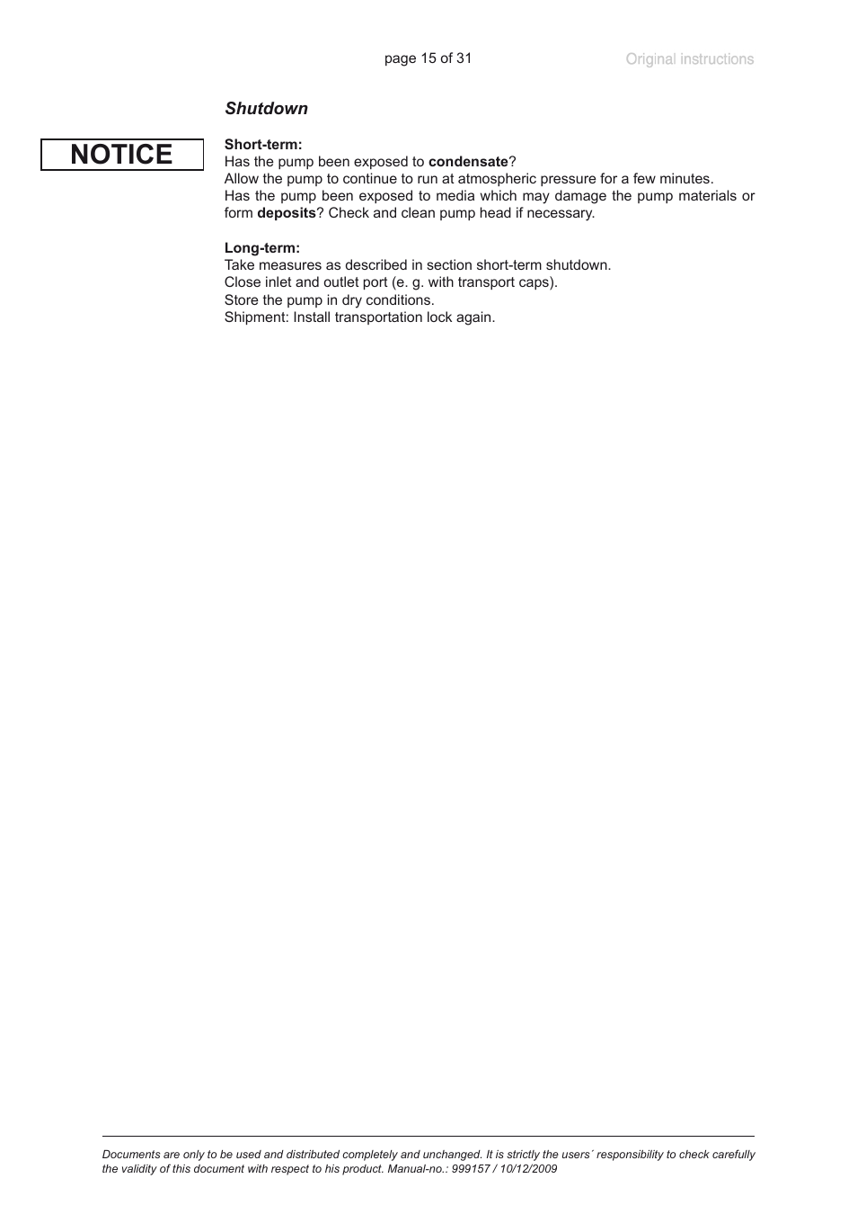 Shutdown, Notice | VACUUBRAND BVC 21 NT VARIO User Manual | Page 15 / 31