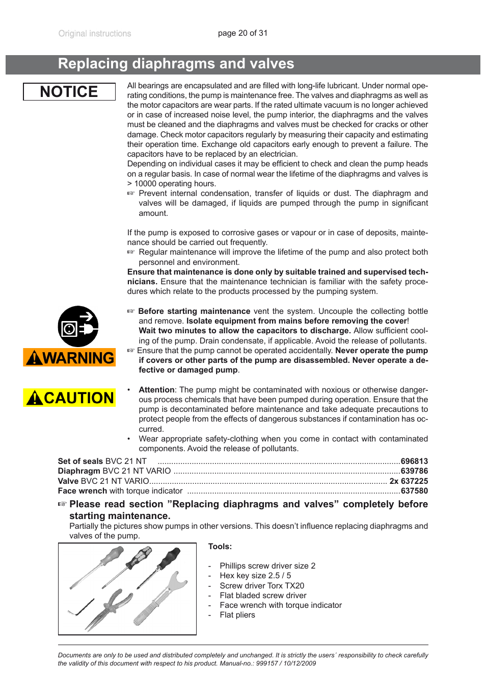 Replacing diaphragms and valves, Notice | VACUUBRAND BVC 21 NT VARIO User Manual | Page 20 / 31