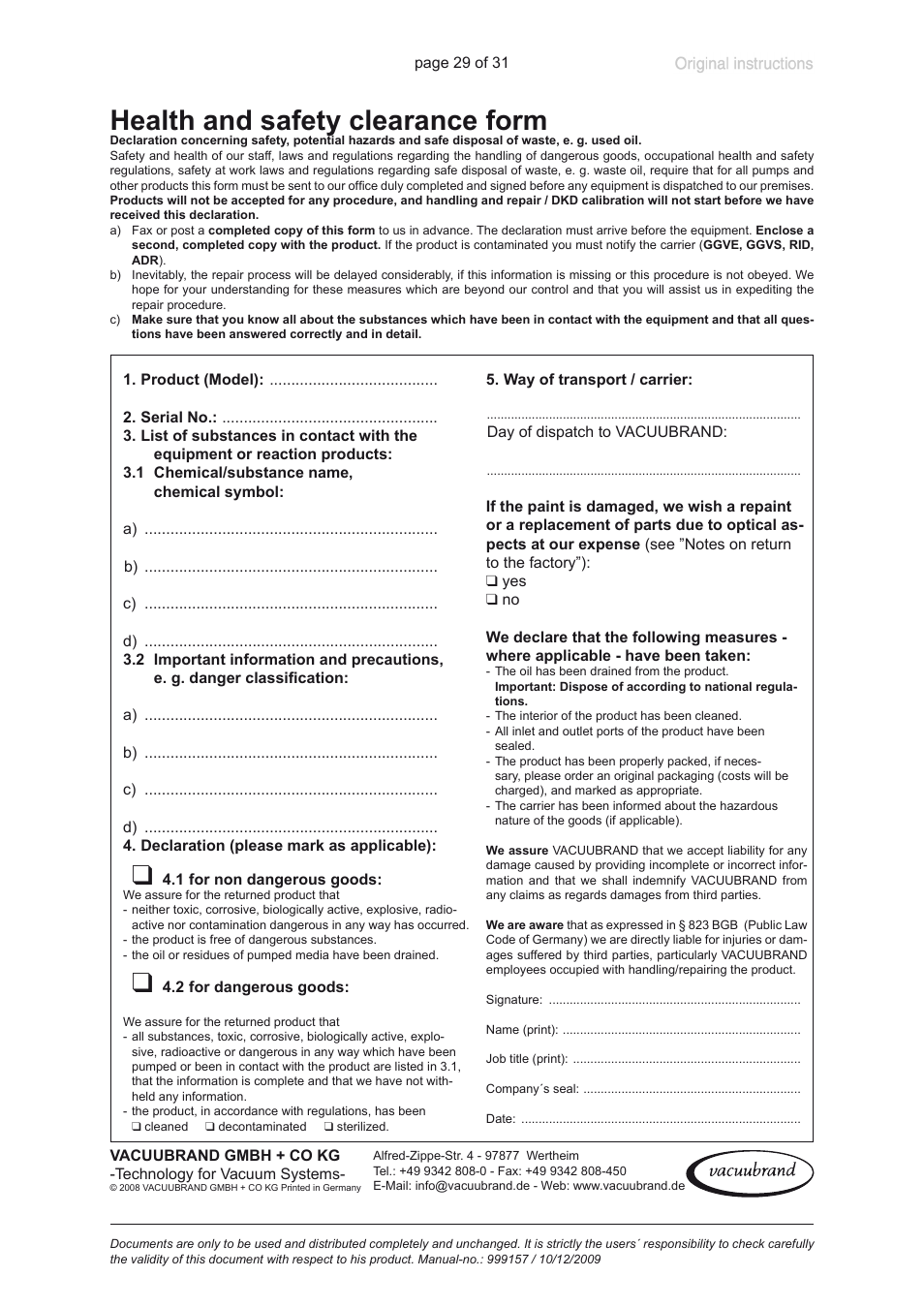 Health and safety clearance form | VACUUBRAND BVC 21 NT VARIO User Manual | Page 29 / 31