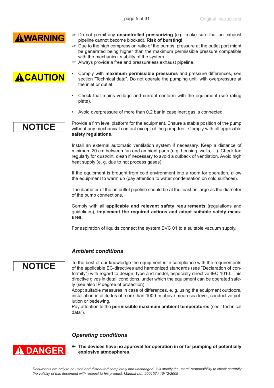 Ambient conditions, Operating conditions, Notice | VACUUBRAND BVC 21 NT VARIO User Manual | Page 5 / 31