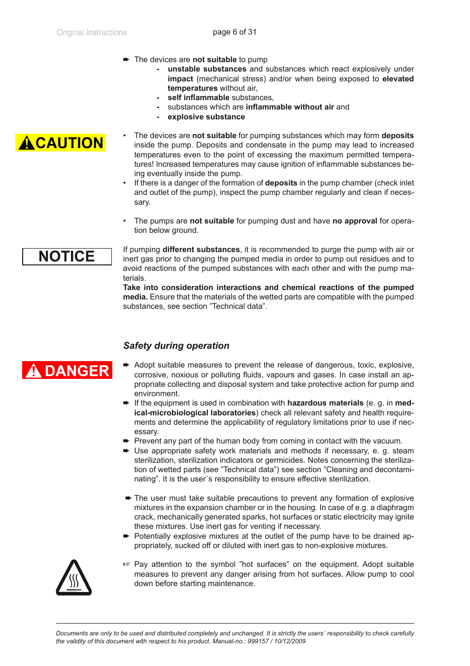 Safety during operation, Notice | VACUUBRAND BVC 21 NT VARIO User Manual | Page 6 / 31