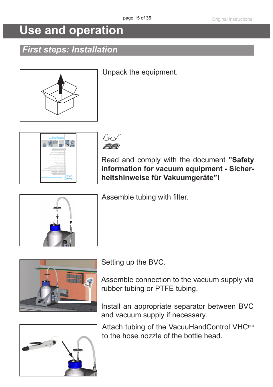 Use and operation, First steps: installation, Unpack the equipment | Page 15 of 35 | VACUUBRAND BVC basic G User Manual | Page 15 / 35