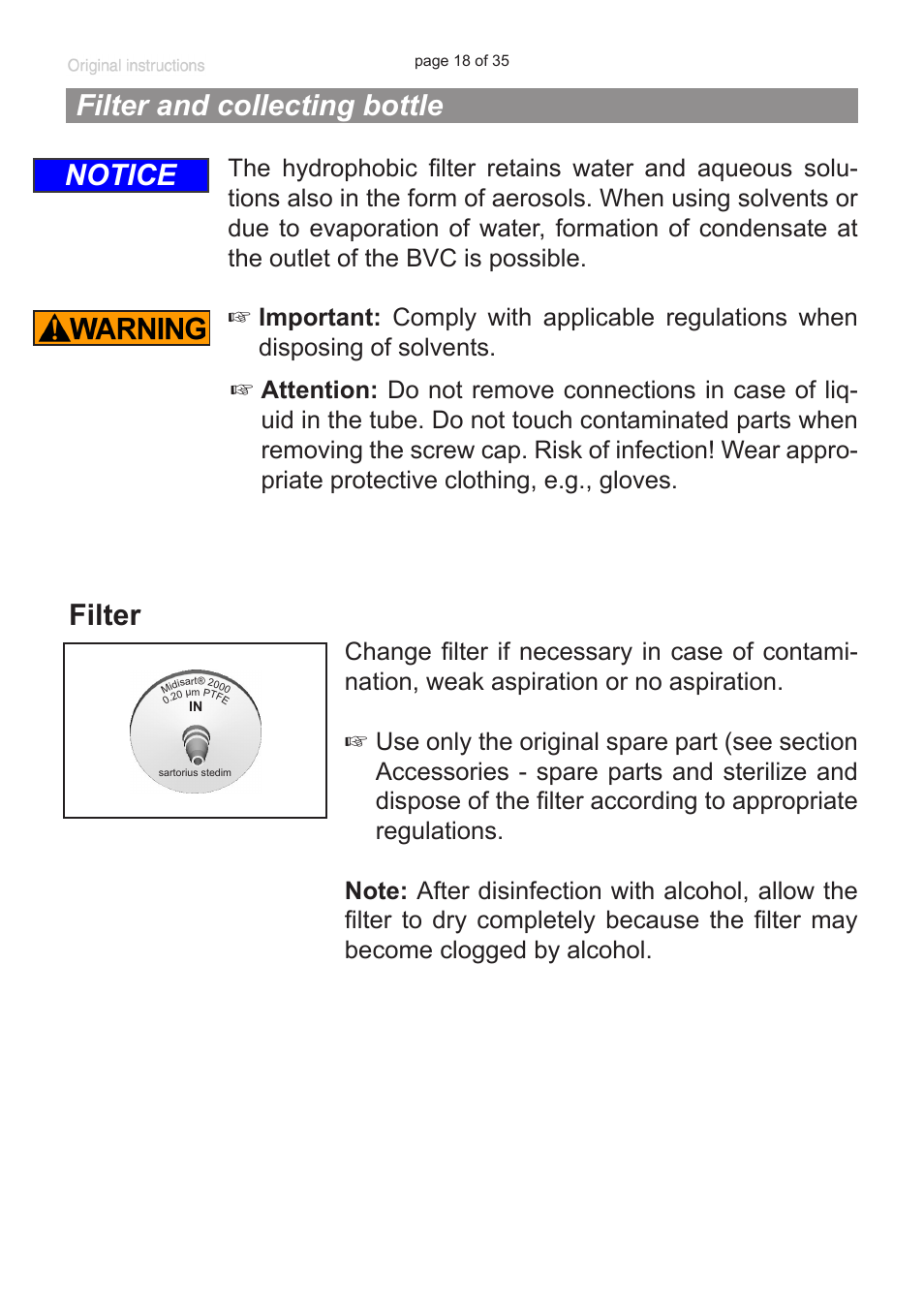 Filter and collecting bottle, Filter, Notice | VACUUBRAND BVC basic G User Manual | Page 18 / 35