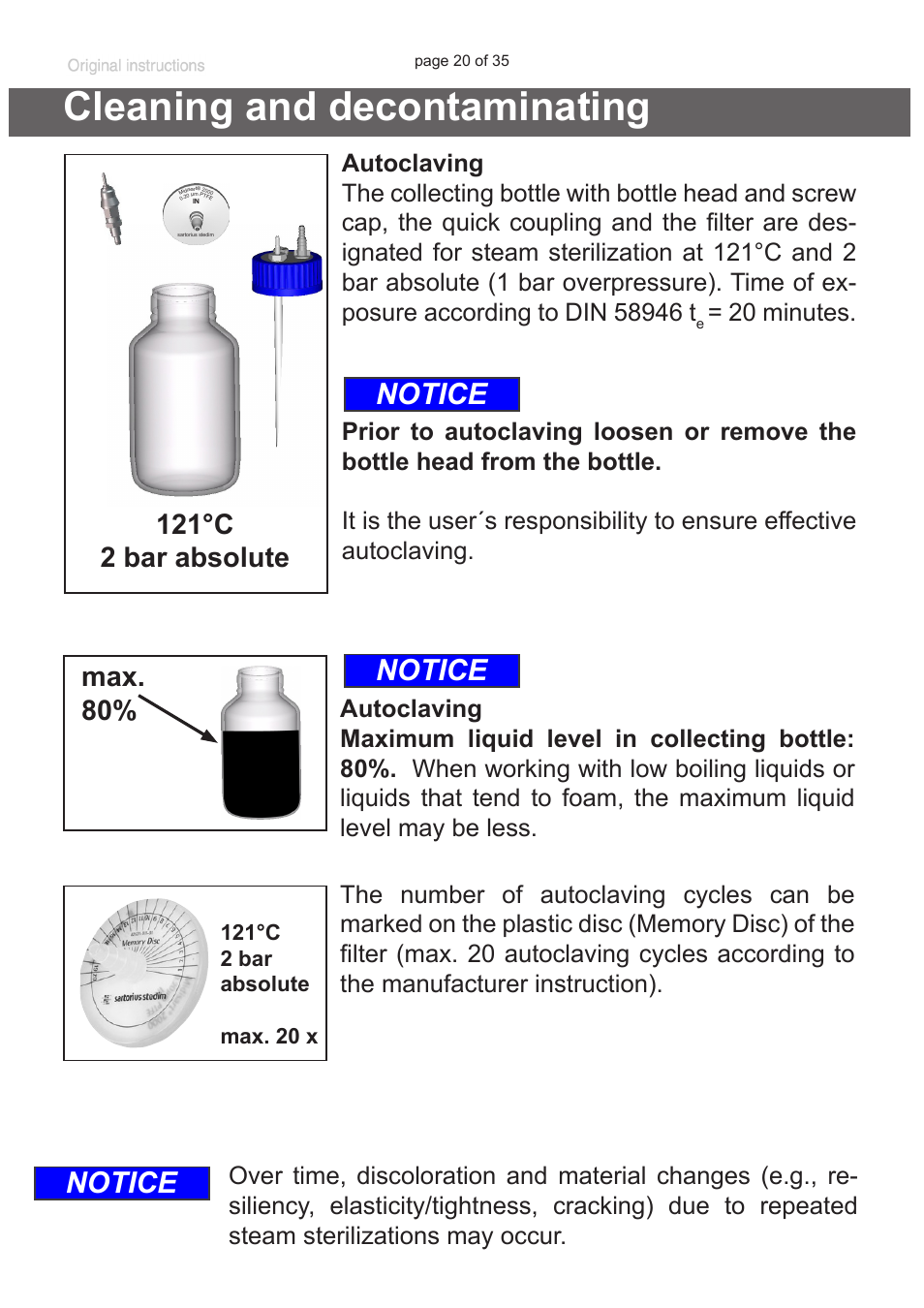 Cleaning and decontaminating, Notice, 121°c 2 bar absolute | Max. 80 | VACUUBRAND BVC basic G User Manual | Page 20 / 35