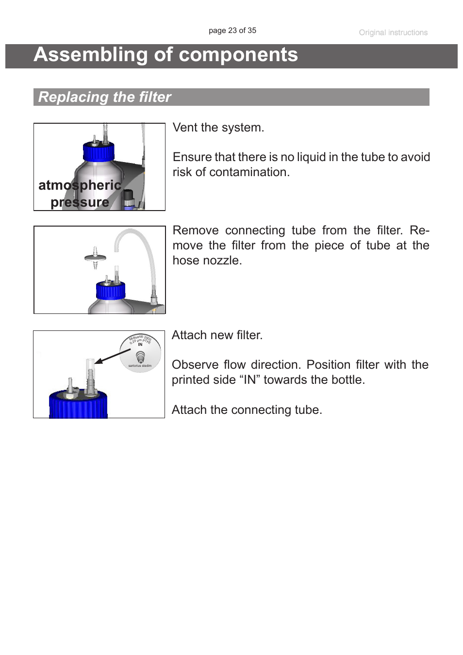 Assembling of components, Replacing the filter, Atmospheric pressure | VACUUBRAND BVC basic G User Manual | Page 23 / 35