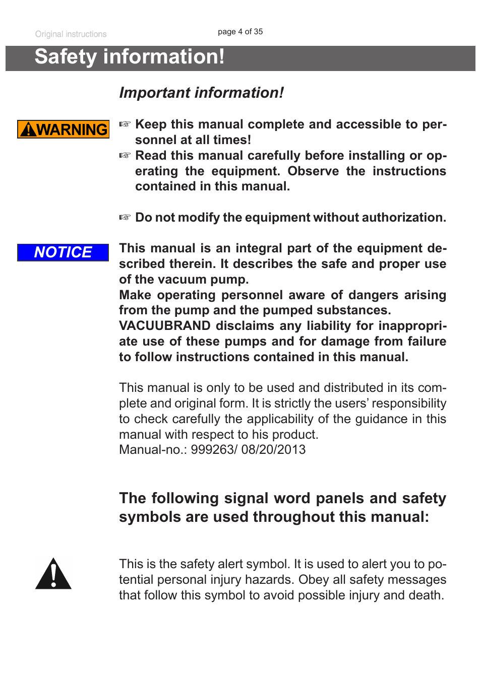 Safety information, Important information, Notice | VACUUBRAND BVC basic G User Manual | Page 4 / 35