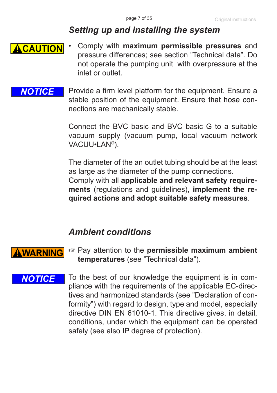 Setting up and installing the system, Ambient conditions, Notice | VACUUBRAND BVC basic G User Manual | Page 7 / 35