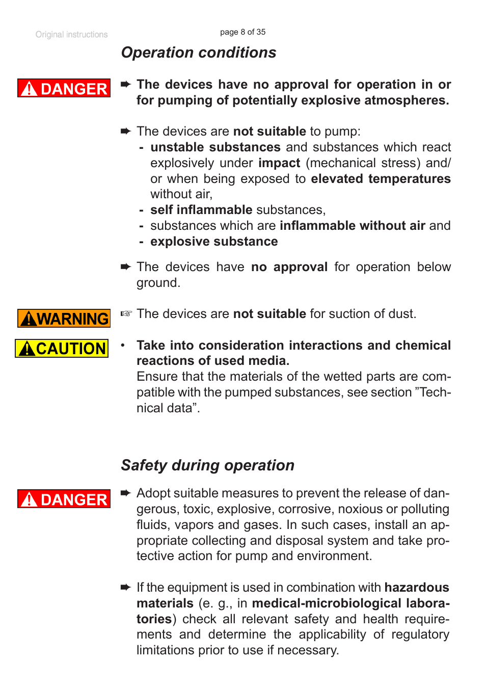 Operation conditions, Safety during operation | VACUUBRAND BVC basic G User Manual | Page 8 / 35