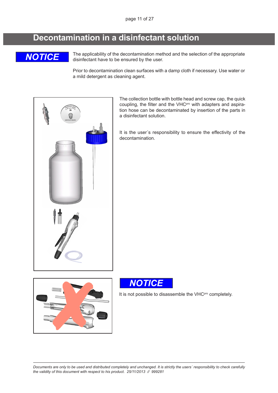 Decontamination in a disinfectant solution, Notice | VACUUBRAND VHC Pro User Manual | Page 11 / 27