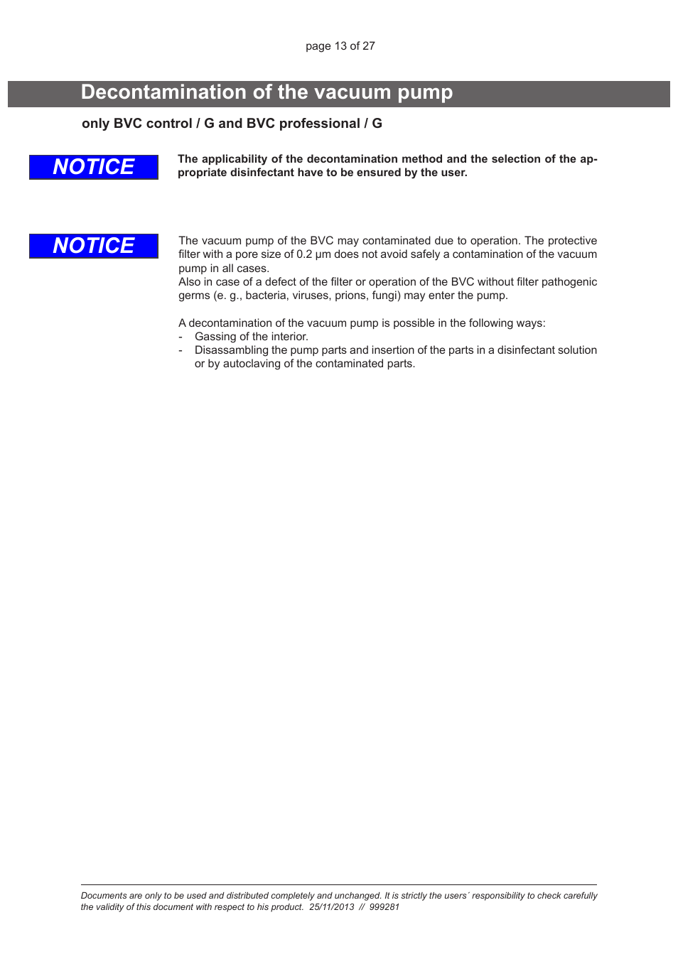 Decontamination of the vacuum pump, Notice | VACUUBRAND VHC Pro User Manual | Page 13 / 27