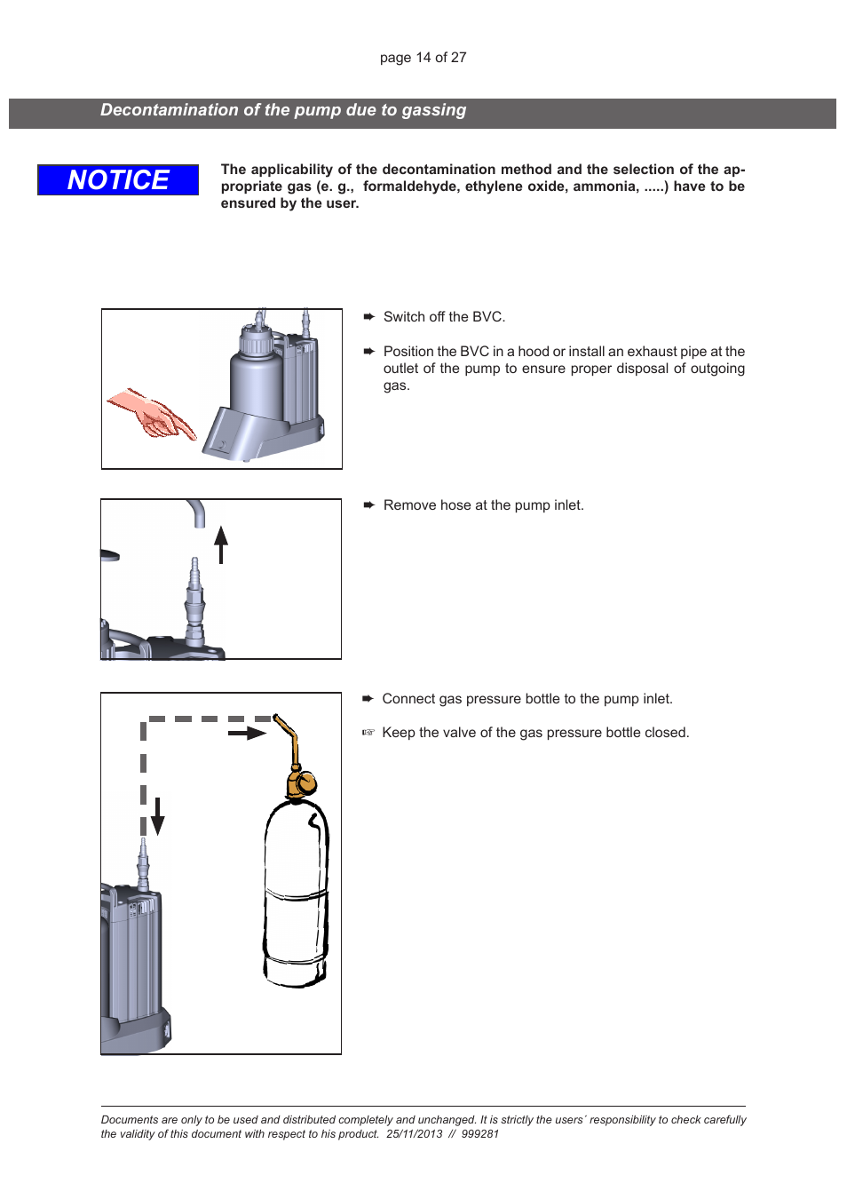 Decontamination of the pump due to gassing, Notice | VACUUBRAND VHC Pro User Manual | Page 14 / 27