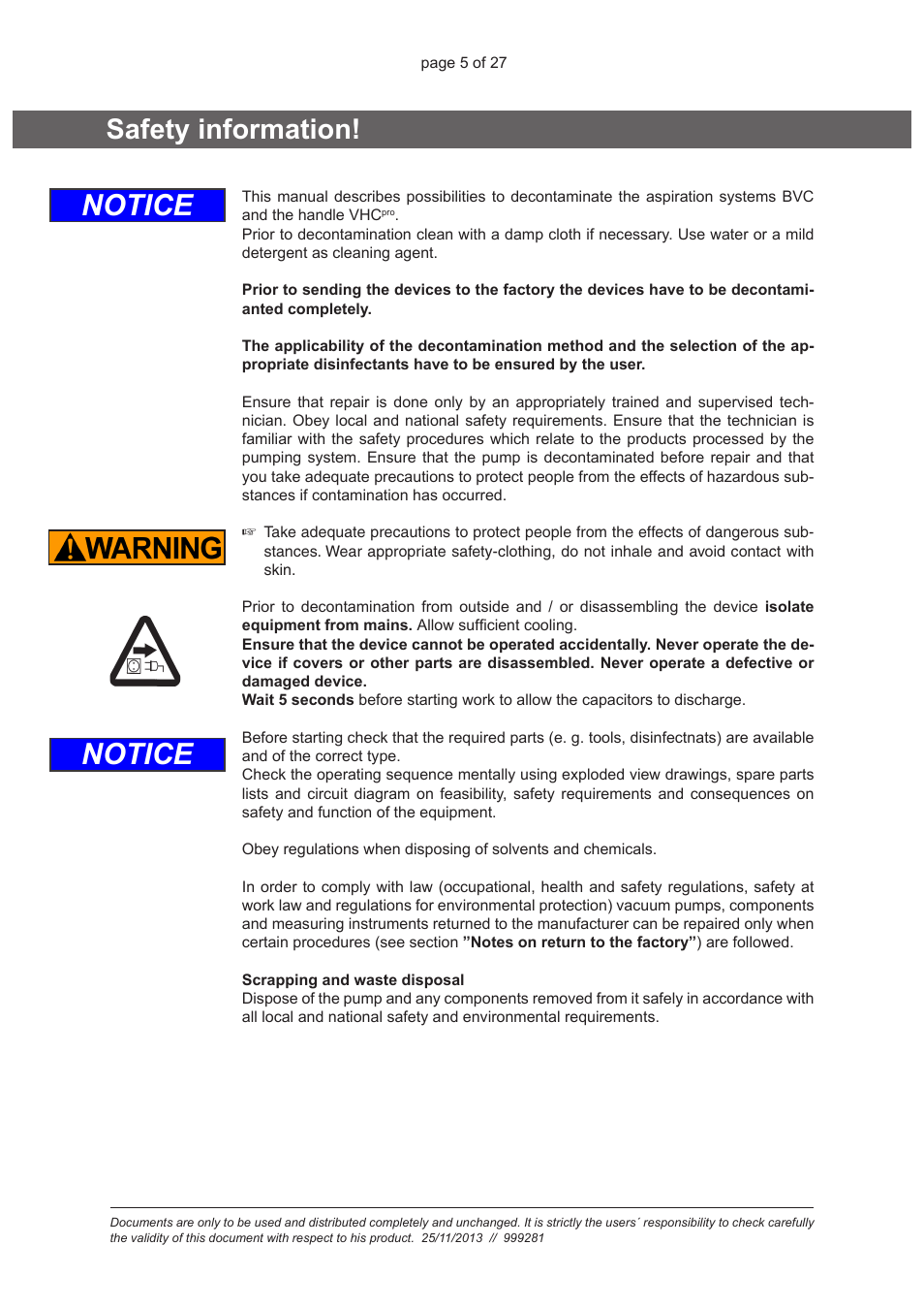 Safety information, Notice | VACUUBRAND VHC Pro User Manual | Page 5 / 27