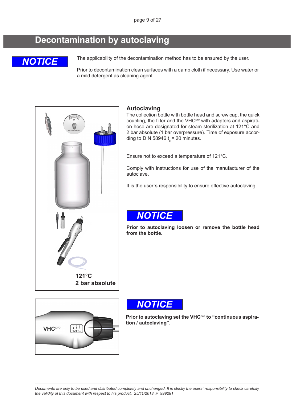 Decontamination by autoclaving, Notice, 121°c 2 bar absolute autoclaving | VACUUBRAND VHC Pro User Manual | Page 9 / 27