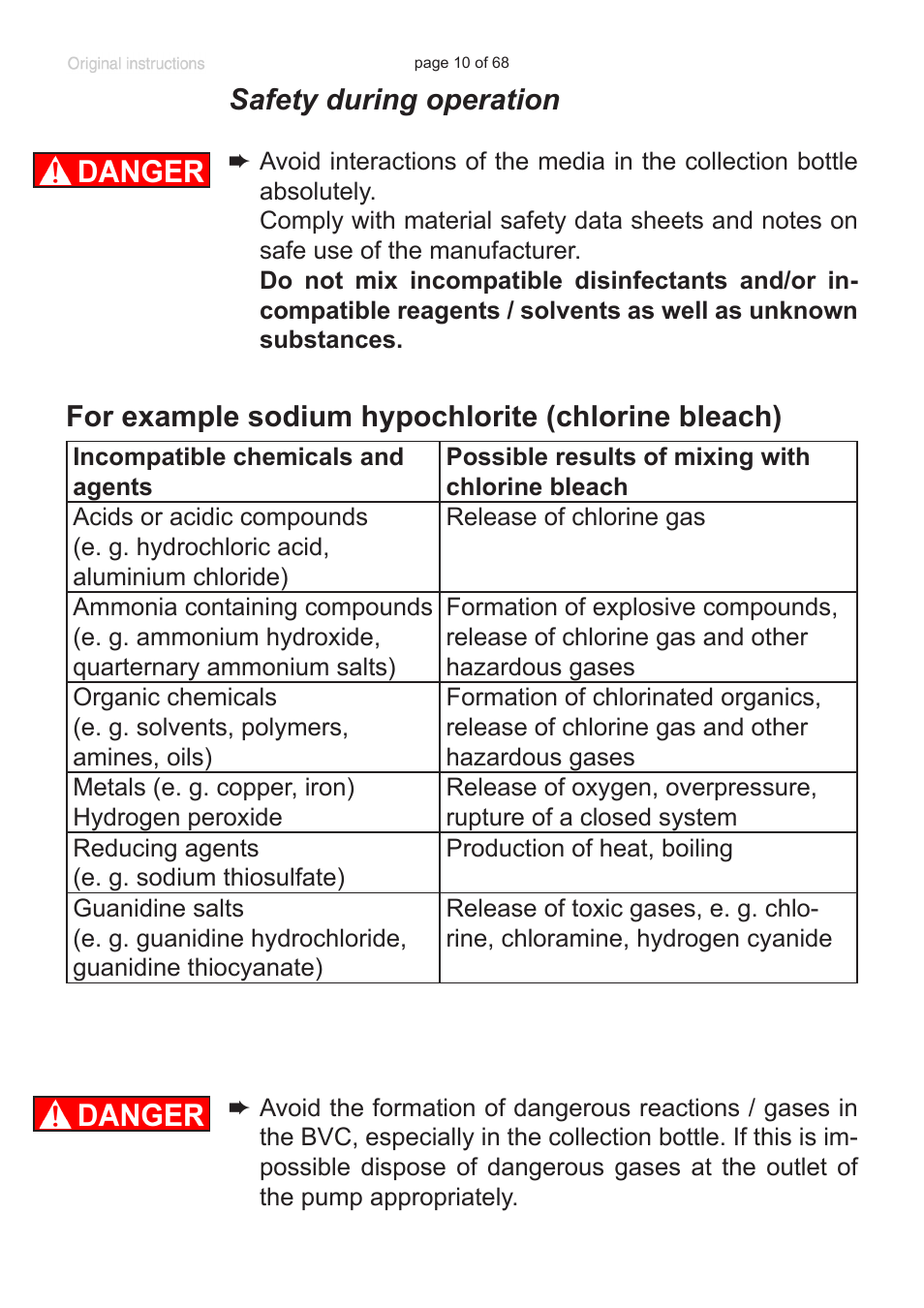 Safety during operation, For example sodium hypochlorite (chlorine bleach) | VACUUBRAND BVC professional G User Manual | Page 10 / 68