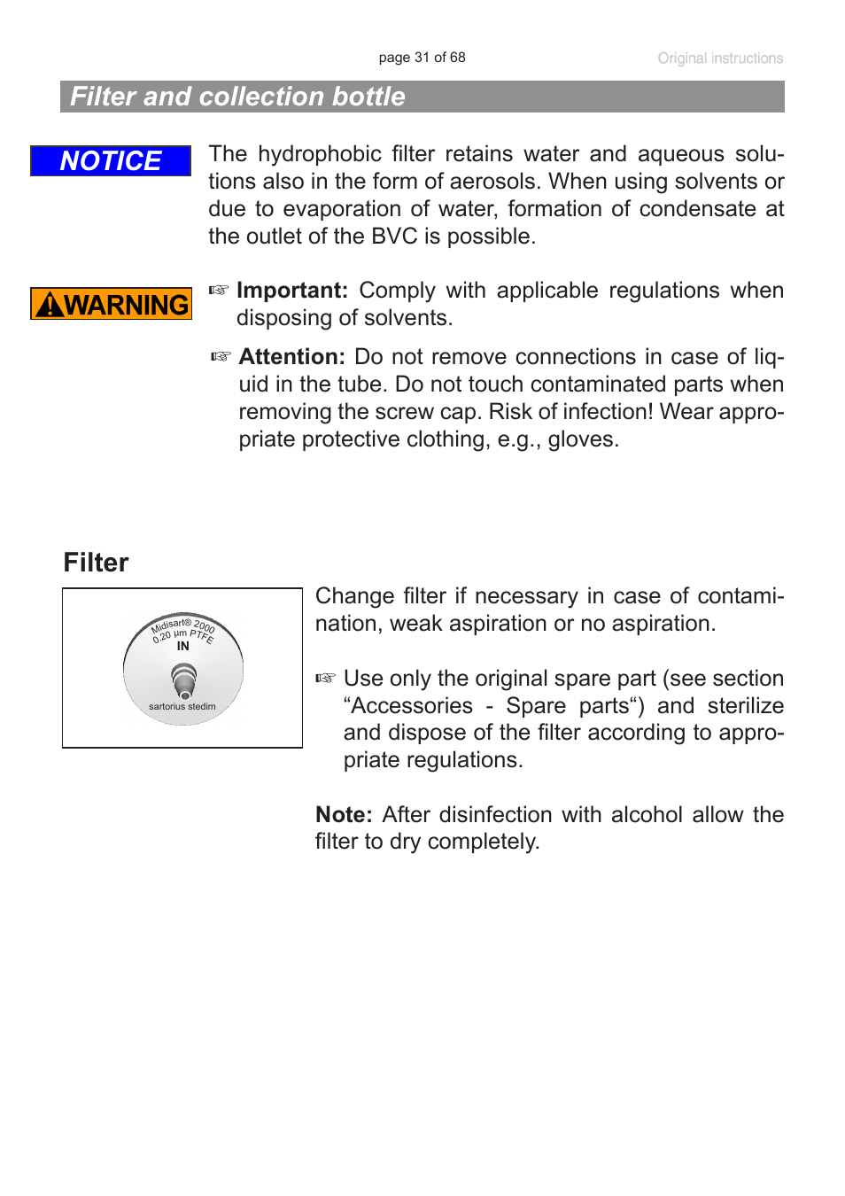 Filter and collection bottle, Filter, Notice | VACUUBRAND BVC professional G User Manual | Page 31 / 68