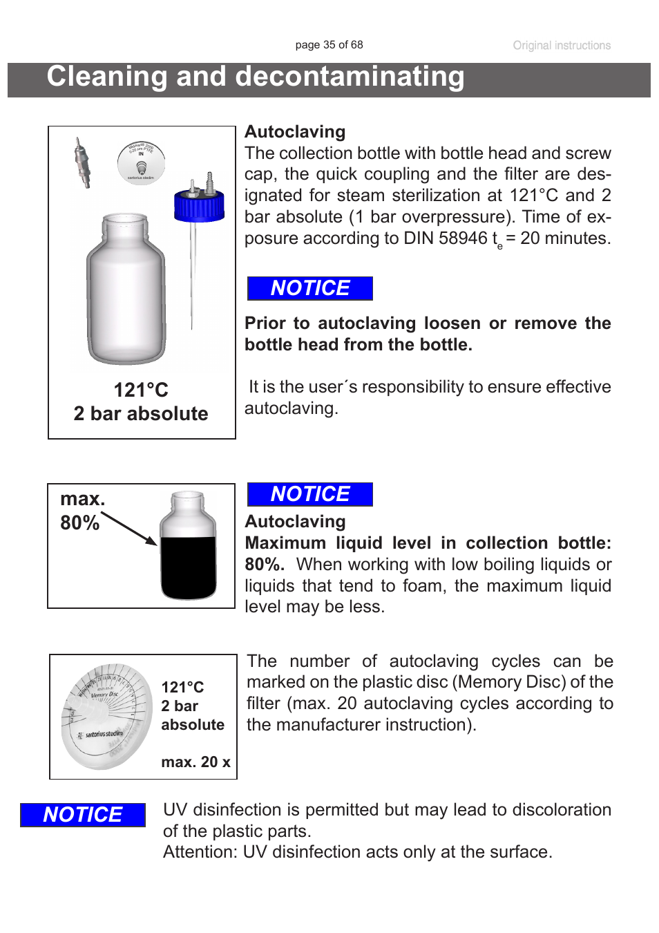 Cleaning and decontaminating, Notice, 121°c 2 bar absolute | Max. 80 | VACUUBRAND BVC professional G User Manual | Page 35 / 68