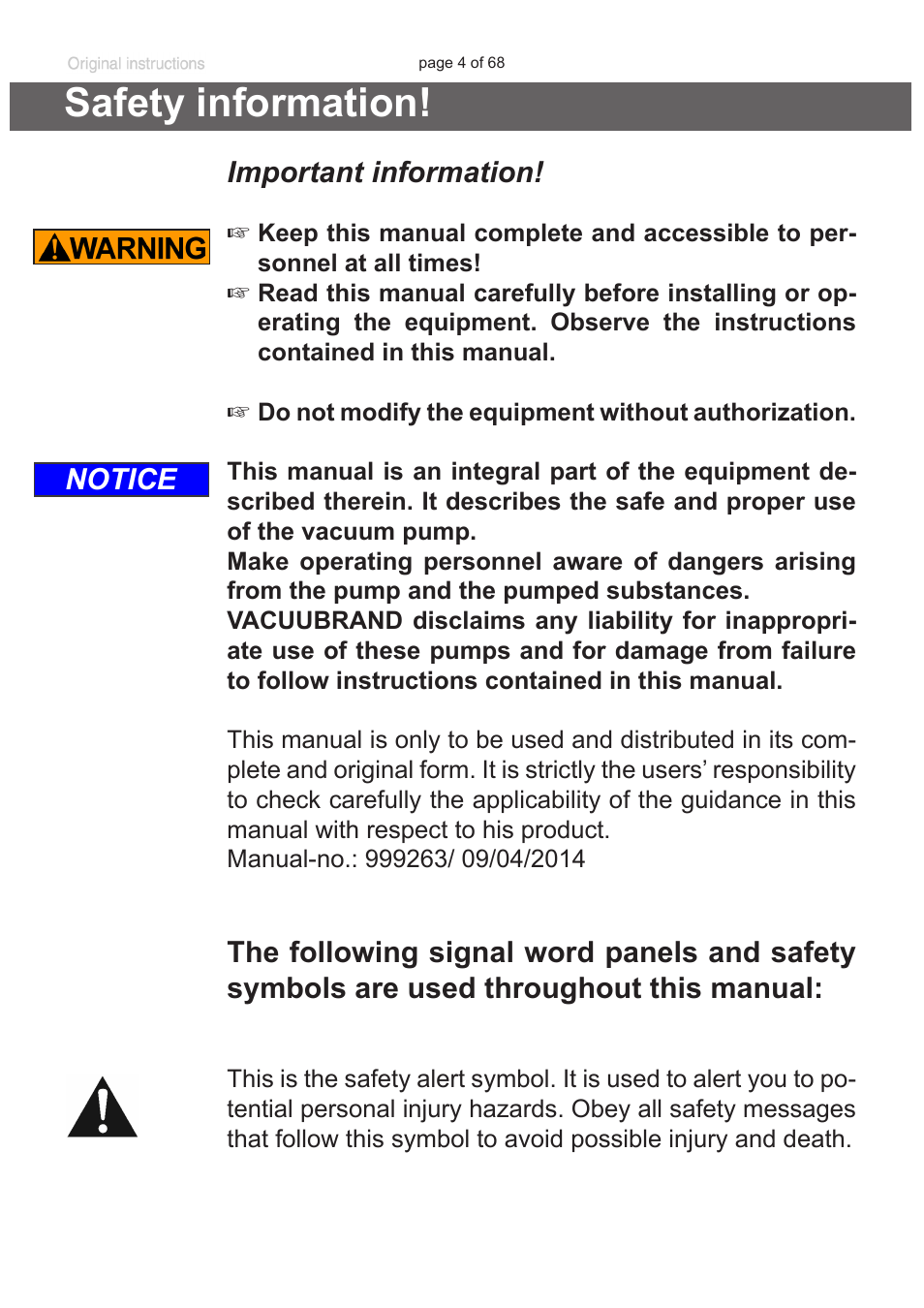 Safety information, Important information, Notice | VACUUBRAND BVC professional G User Manual | Page 4 / 68