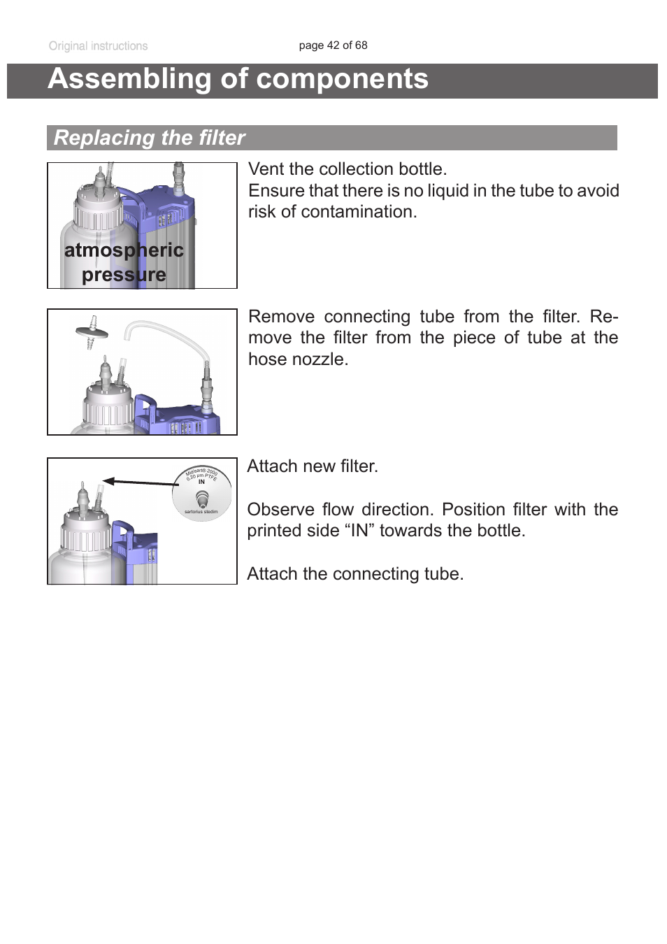 Assembling of components, Replacing the filter, Atmospheric pressure | VACUUBRAND BVC professional G User Manual | Page 42 / 68