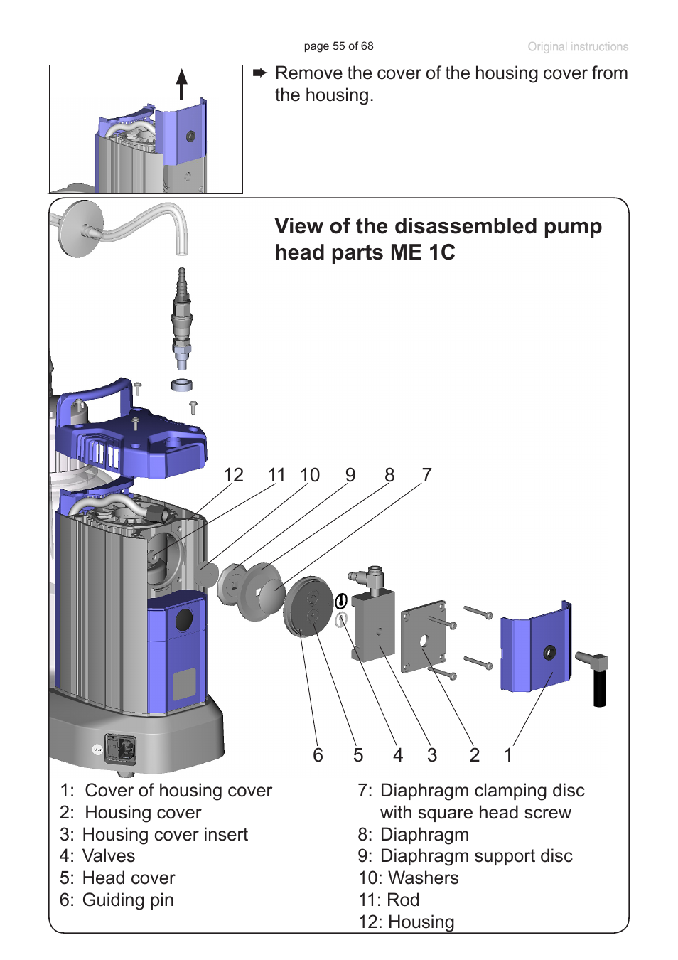 View of the disassembled pump head parts me 1c | VACUUBRAND BVC professional G User Manual | Page 55 / 68
