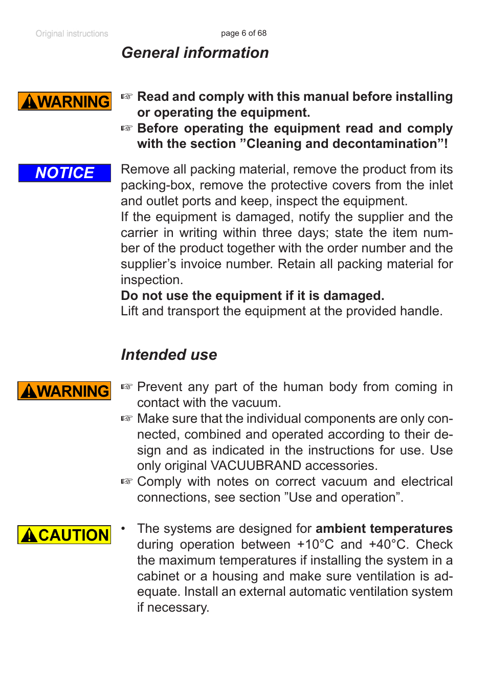 General information, Intended use, Notice | VACUUBRAND BVC professional G User Manual | Page 6 / 68