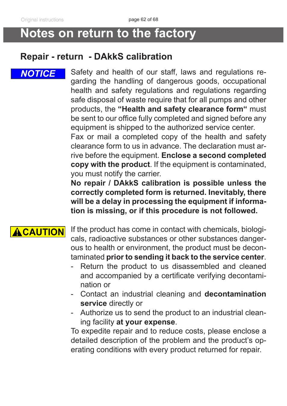 Notes on return to the factory, Repair - return - dakks calibration, Notice | VACUUBRAND BVC professional G User Manual | Page 62 / 68